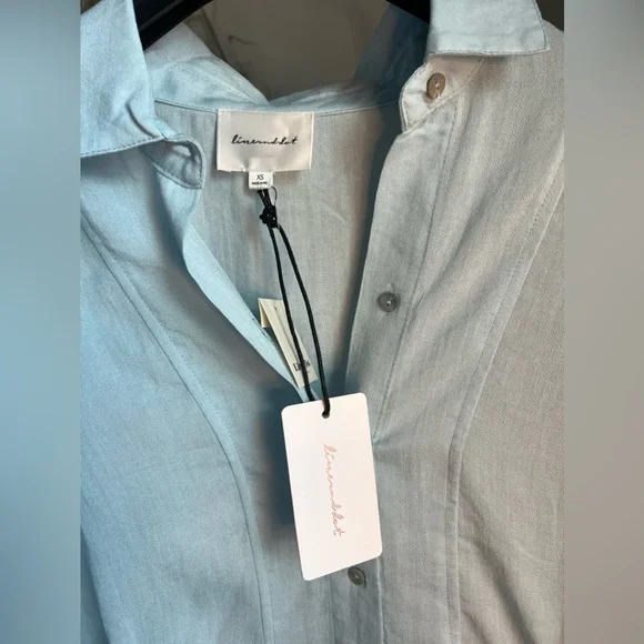 NWT Line & Dot Light Blue Button Up Tie Blouse SIZE XS - Picture 7 of 11